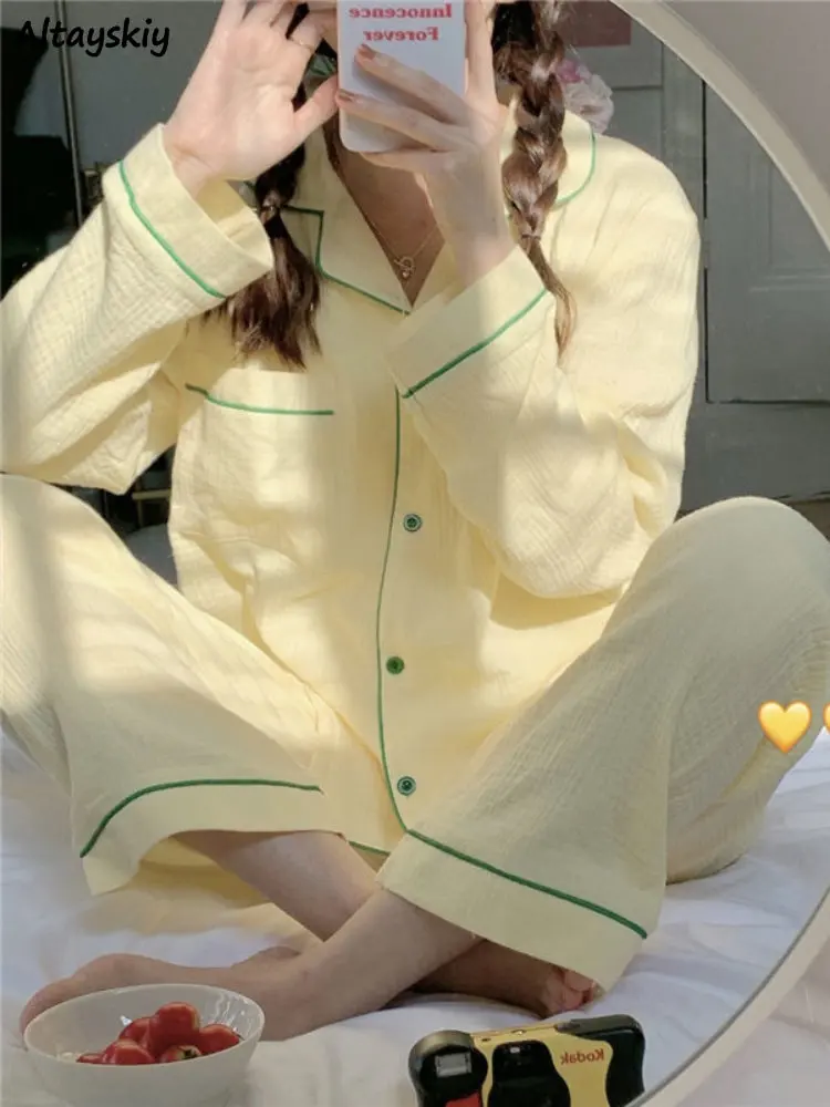 

Pajama Sets Women Spring College Temperament Simple Korean Style Sweet Homewear Basic Chic Daily Girlish Fashion Ulzzang Classic