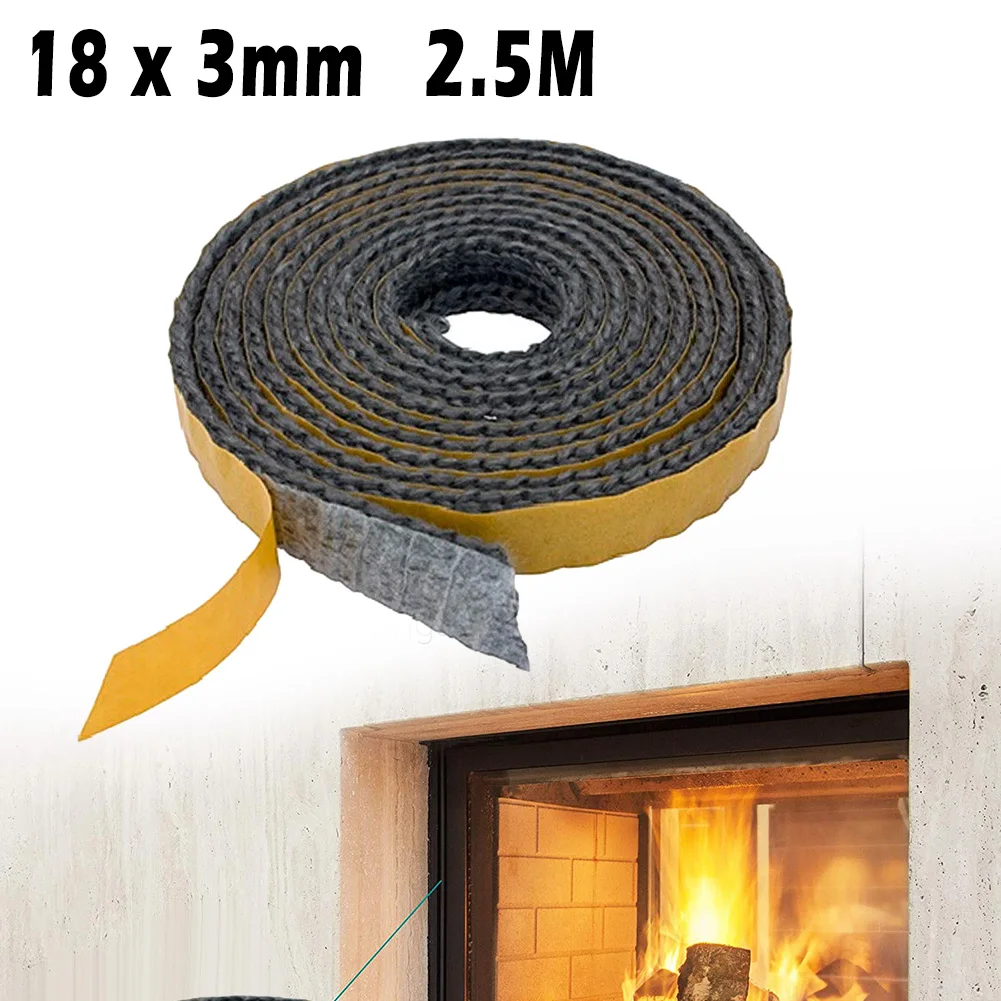2.5M Black Flat Stoves Rope Self Adhesive Glass Chimney Door Stove Fireplace Sealing Tape Replacement Gasket Cord 18 X 3mm