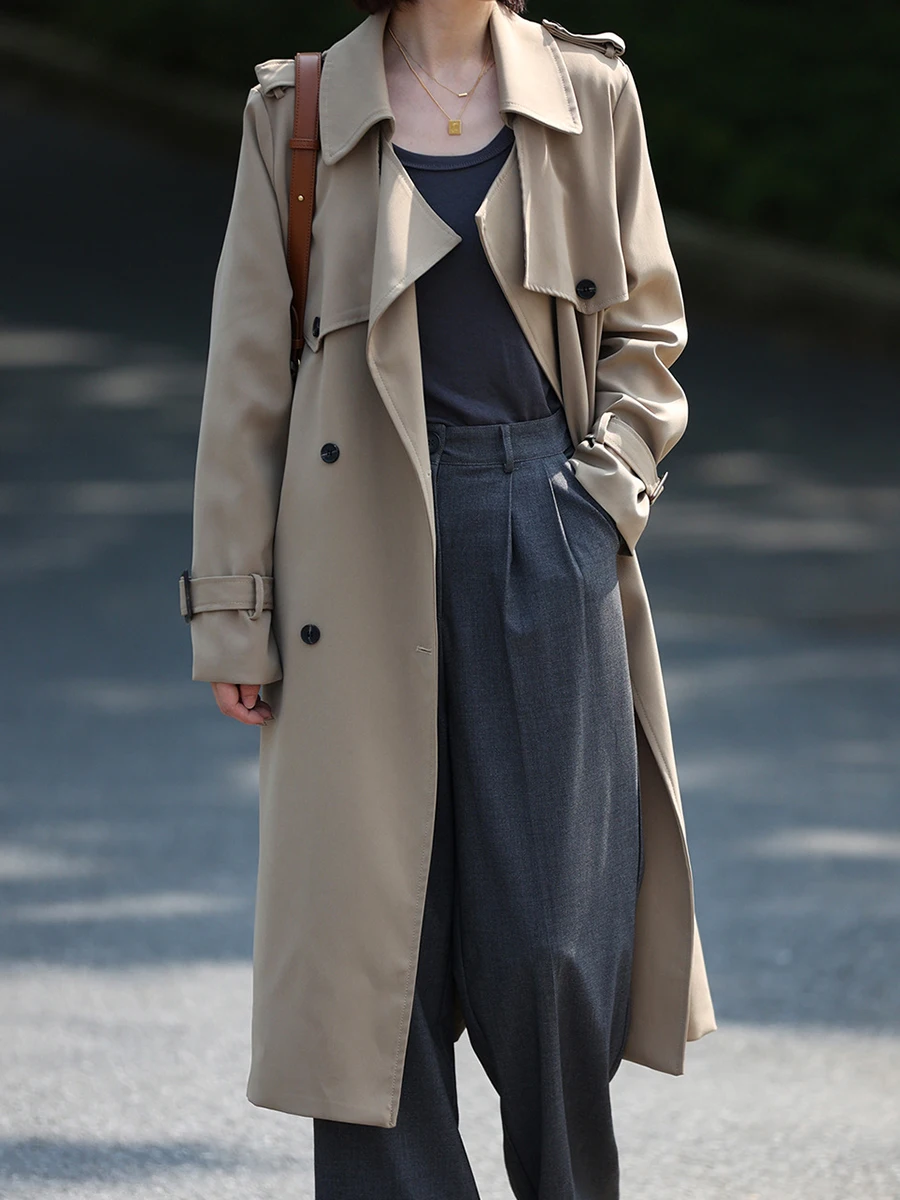 

Тренчкот женский однотонный, модная двубортная длинная офисная куртка в минималистском стиле, свободное зимнее пальто, женская ветровка
