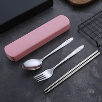 quality portable three piece stainless steel chopsticks spoon fork single storage box tableware set dinnerware tool