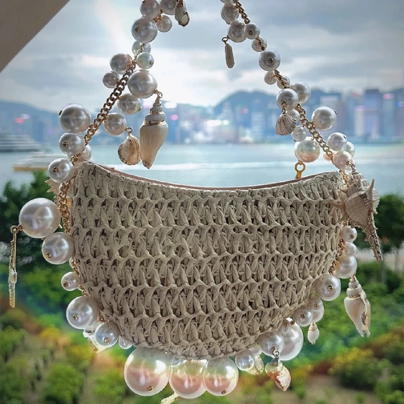 Handmade Woven Half Moon Straw Bag Designer Pearl Starfish Handbag Summer Bohemian Holiday Beach Bag Female Shoulder Bag