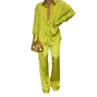 long sleeved satin sportswear womens elegant yellow shirt and wide legged straight pants pajamas two piece 2022 summer suit