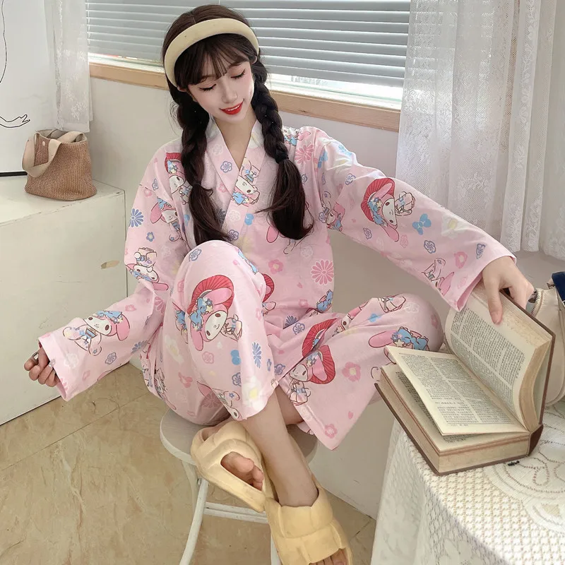 Japan Kimono Pajamas for Women Spring Autumn Pyjama V Neck Big Eyes Frog Cartoon Homesuit Long Sleeve Sleepwear Kawaii Nightwear