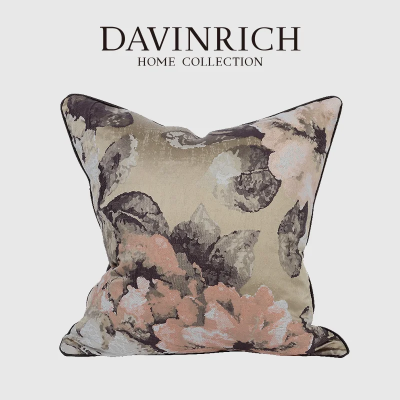 

DAVINRICH Modern Classic Floral Jacquard Pillow Covers Pastoral Pink Coffee Backrest Cushion Case Home Office Hotel Villa Decor