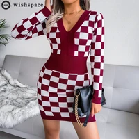 hip skirt knitted womens dress fashionable womens splicing mini sweater dress v neck checkerboard plaid autumn winter style