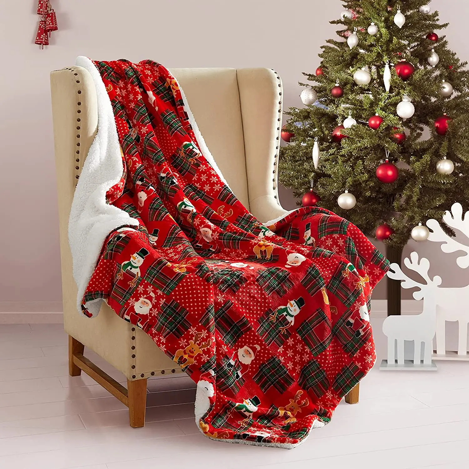 

Christmas Buffalo Plaid Sherpa Fleece Throw Blanket Super Soft Fluffy Plush Santa Claus Flannel Warm Cozy Snowman Throw Blankets