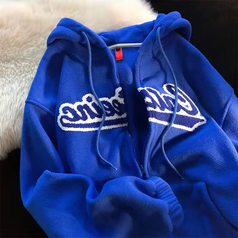

trend brand Polar Fleece Hoodies Women Casual Embroidery coat for Teens Sweatshirts Vintage Pink Tops Retro Winter Female Hoodie