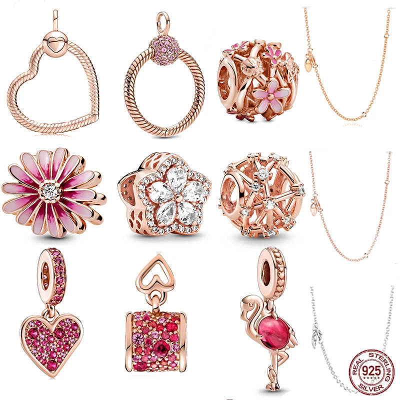 

New 925 Sterling Silver Beautiful Rose Gold Flowers Pendant for Original Pandora Bracelet DIY Fashion Jewelry