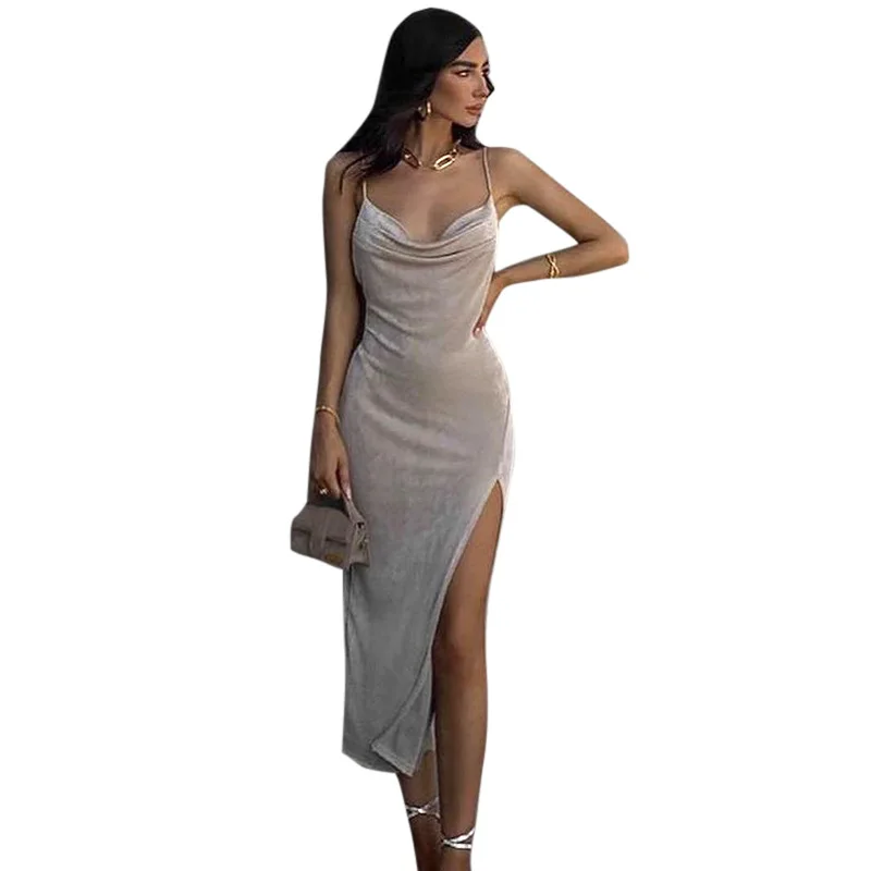 

European and American women's clothing 2022 summer new solid color suspenders sleeveless low-cut high-waist pleated long dress