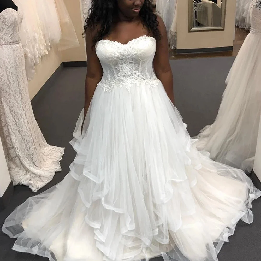 

Tulle Ball Gown Wedding Dress 2021 Fashion Appliques Ruffles Sweetheart Modern Bridal Gowns Robe De Mariee