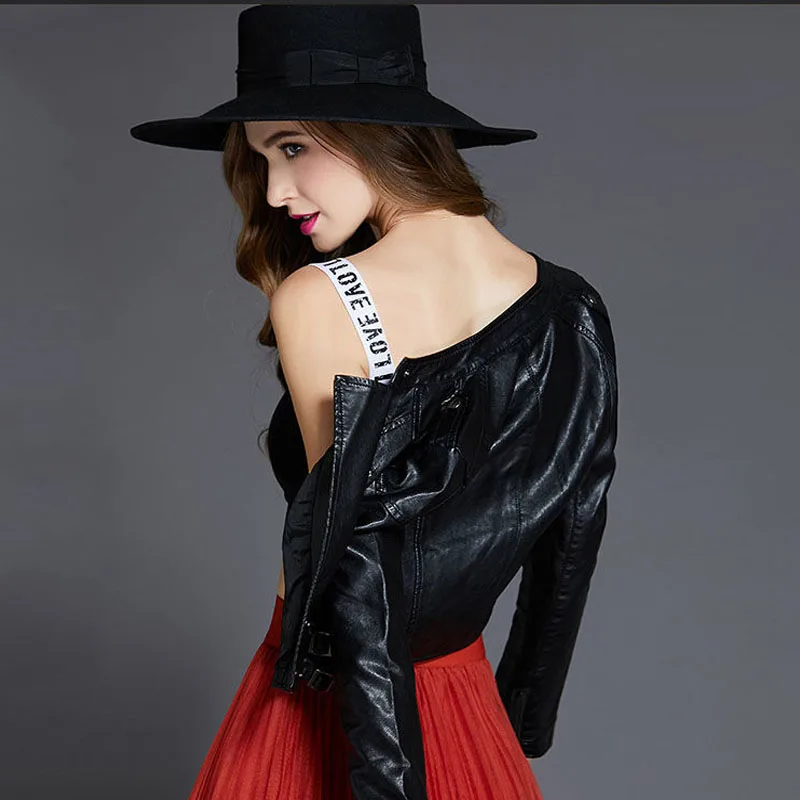 1pcs Women's PU Leather Short Jackets Coat 2022 New Fashion Faux Fur Zipper Splicing Stand Collar Ladies Skinny Locomotive Coats