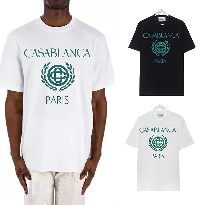 

24SS Black White Casablanca Short Sleeve Unisex 1:1 Casual Loose Tees Green Printed Logo Tops Fashion Cotton Loose T-shirts
