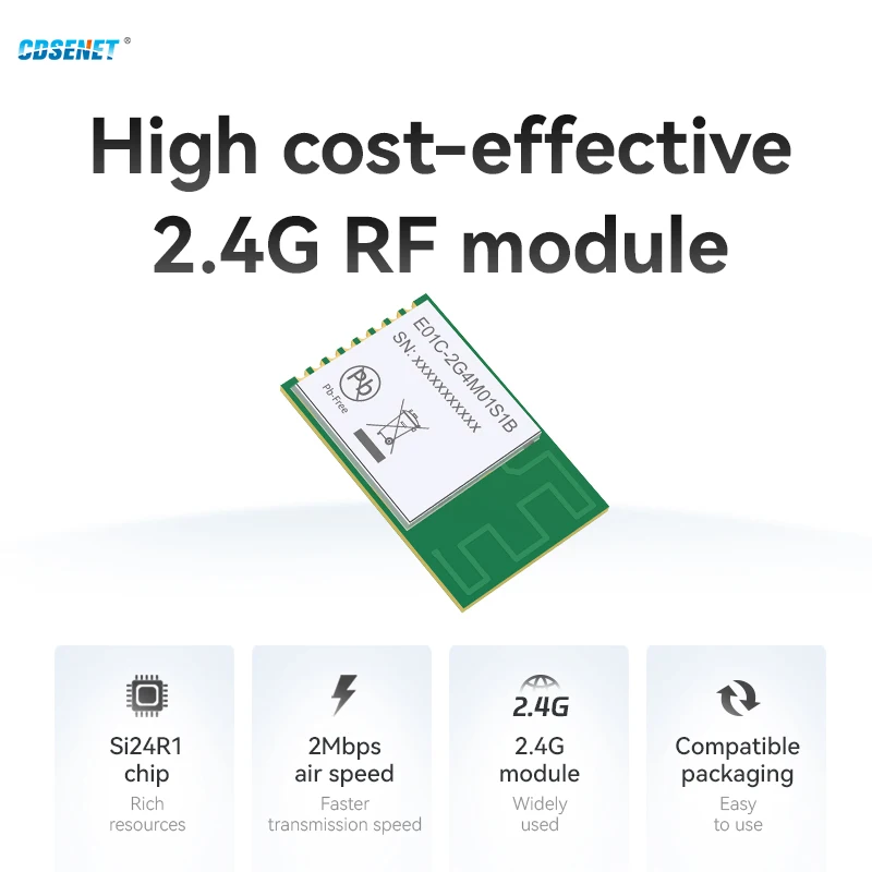 Фото Si24R1, радиочастотный модуль 2,4 ГГц, Высокоэффективная антенна PCB, беспроводной модуль SPI, CDSENT E01C-2G4M01S1B SMD, расстояние связи 200 м №3