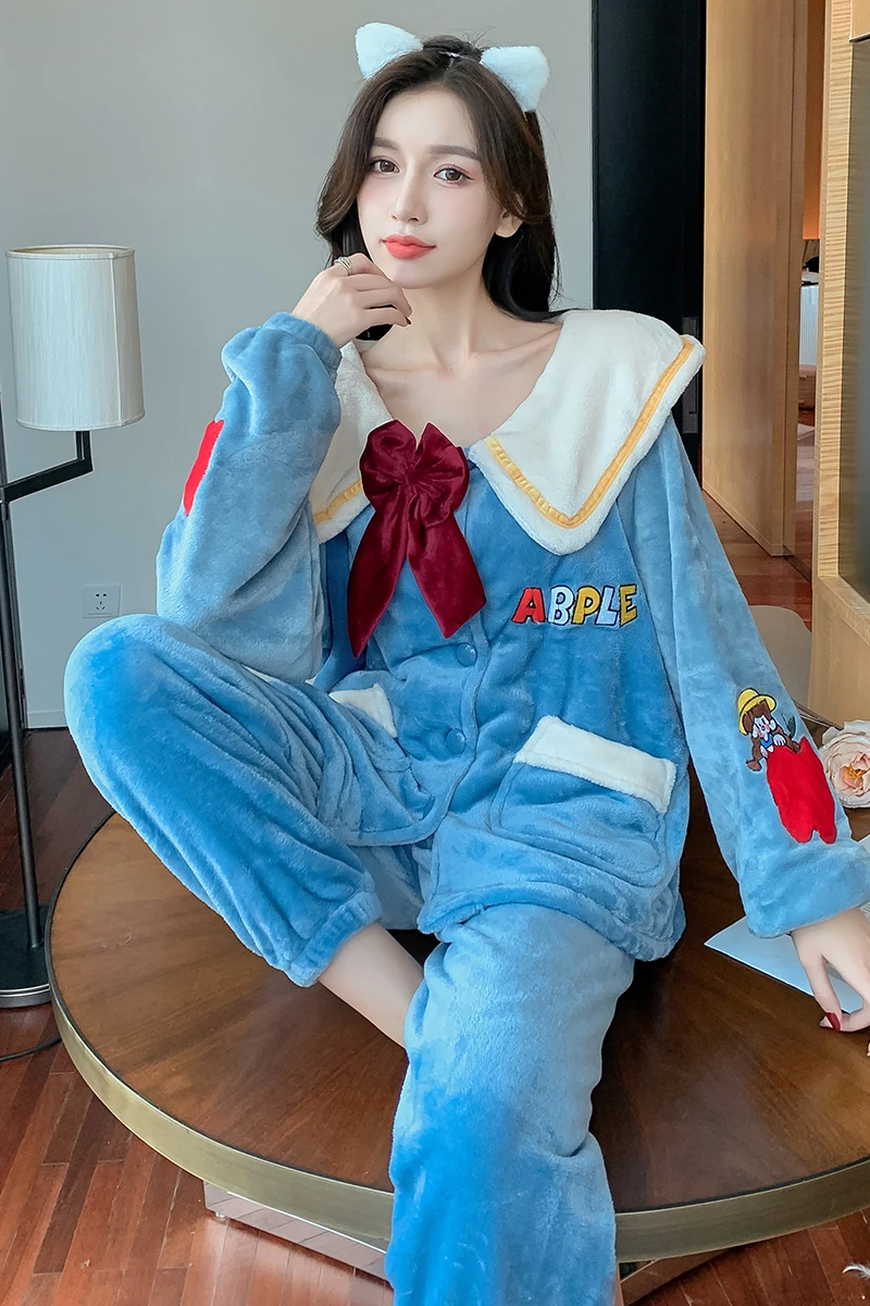 Flannel Inspissate Pajamas Loose Version Women Sleepwear Princess Style Col Claudine Cartoon Coral Fleece Winter Pajamas 4XL