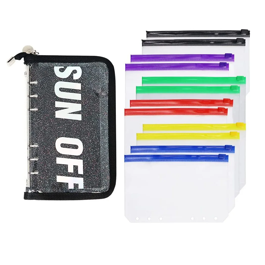 

13 Pieces A6 Binder PVC Notebook Cover Budget Envelopes System Planner Organizer with12 Pcs Colorful Binder Zipper Pockets