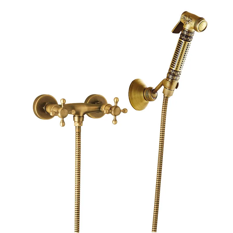 

Wall Mounted Brass Bidet Mixer Faucet Toilet Sprayer Tap Antique Bathroom Mop Cleaning Tap Handheld Shower Set