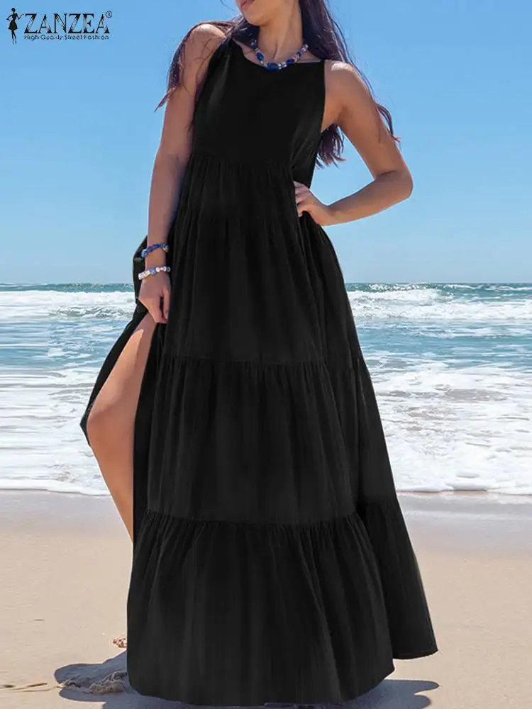 

ZANZEA Women Long Dress Casual Loose Pleated Multilayer Maxi Dresses Fashion Holiday Spaghetti Strap Beach Sundress Oversize