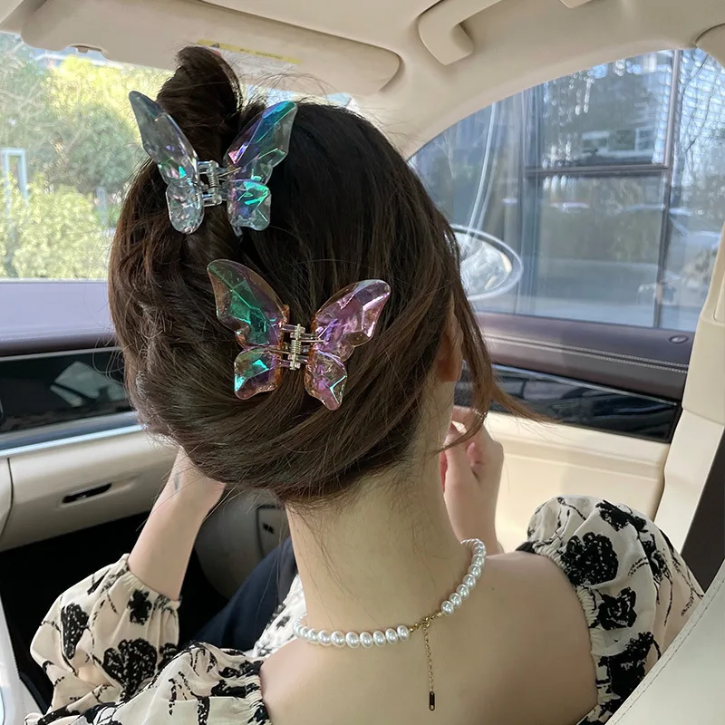 

2022 New Mermaid Ji Crystal Butterfly Grab Clip Girl Hairpin Transparent Large Shark Clip Women's Hair Accessories