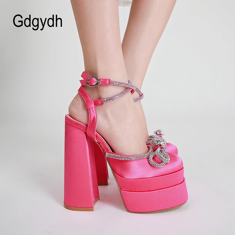 Gdgydh Platform Heels for Women Closed Toe Block Heels Rhinestone Heeled Sandals Bow Ankle Strap Buckles Dress Women Pumps