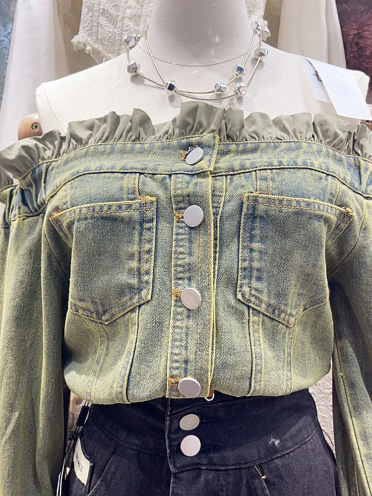 2024 джинсовая куртка Slah с открытыми плечами и длинными рукавами повседневные