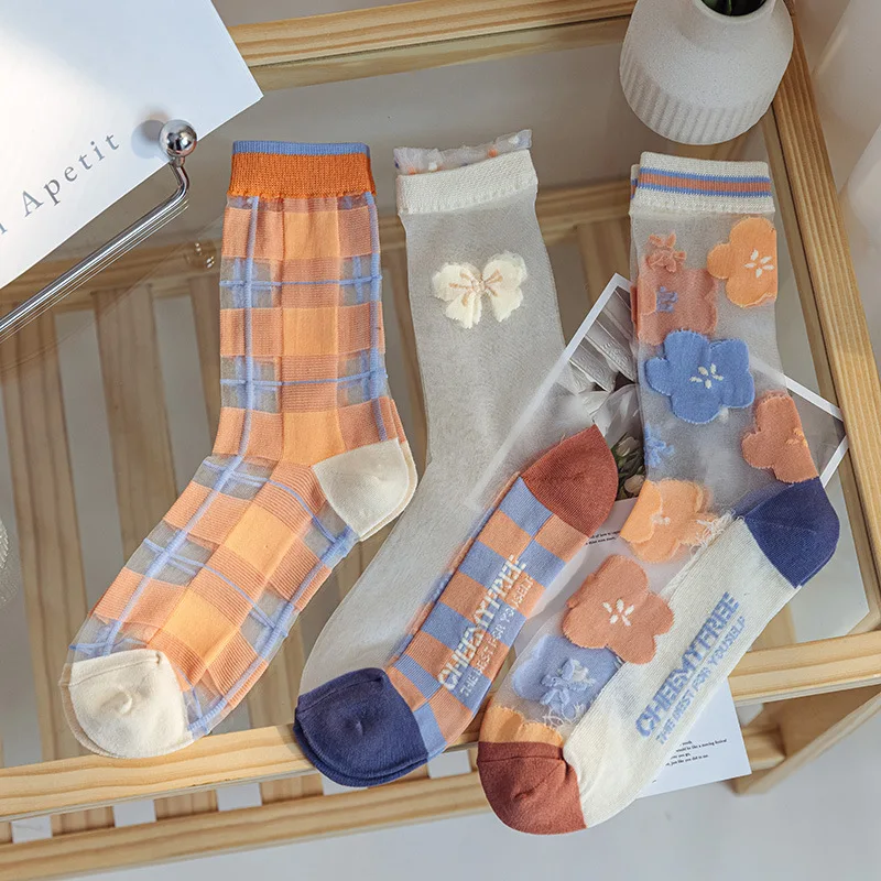 Летние тонкие дышащие стеклянные чулки женские носки средней длины с оранжевым