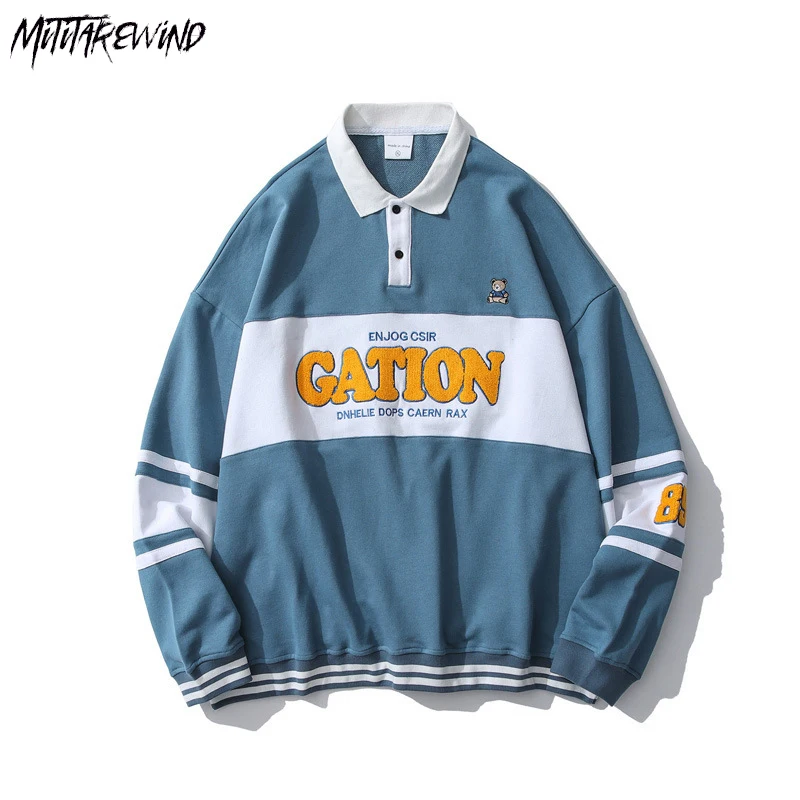 

Свитшот мужской составного кроя, модная повседневная толстовка с воротником-поло, пуловер с надписью «Медведь», свободный ретро Топ для пар