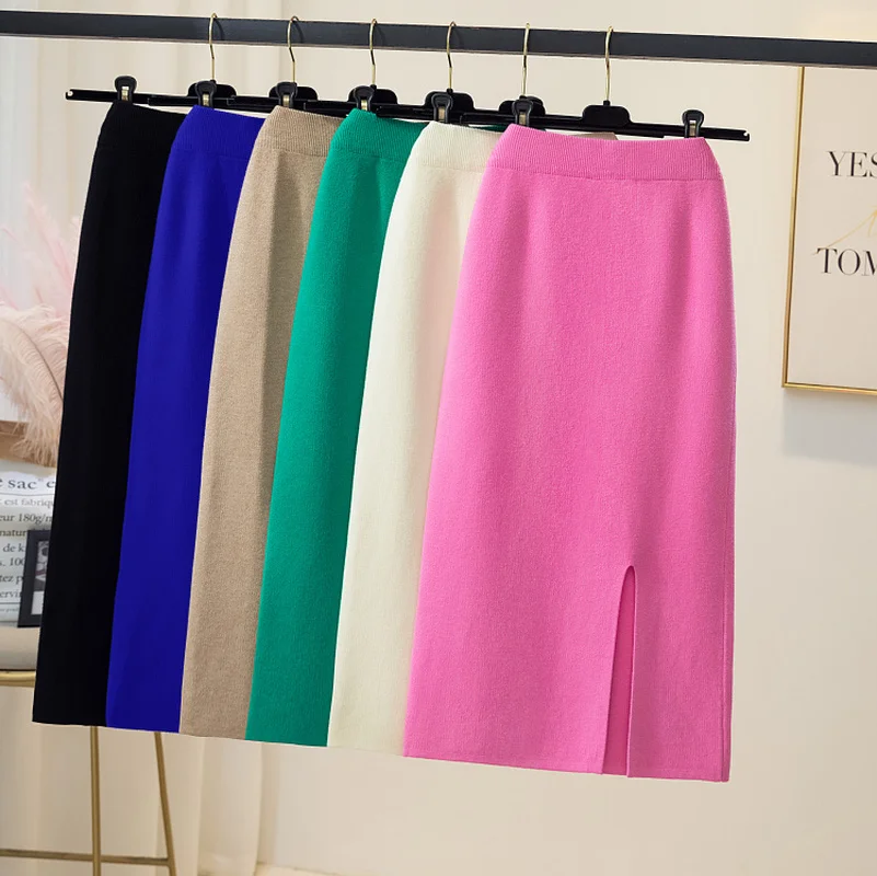 

Korean Knitted Skirt Women Autumn Winter Bodycon Pencil Skirts Black High Waist Female Solid Faldas Escocesas De Mujer Clothes