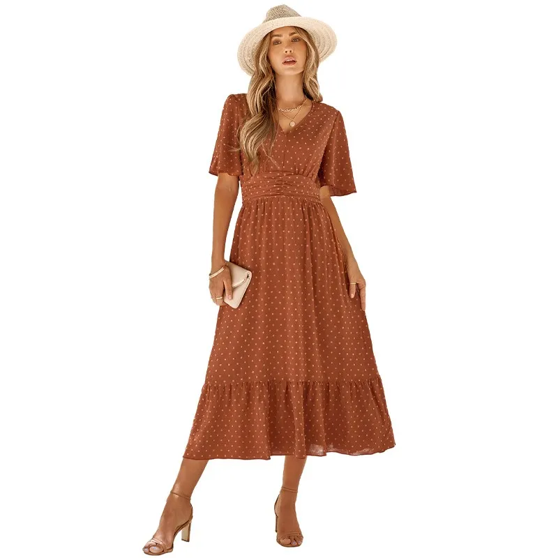 

Элегантное эластичное платье с оборками на Подоле и завышенной талией, женское летнее модное однотонное облегающее платье с V-образным вырезом и коротким рукавом