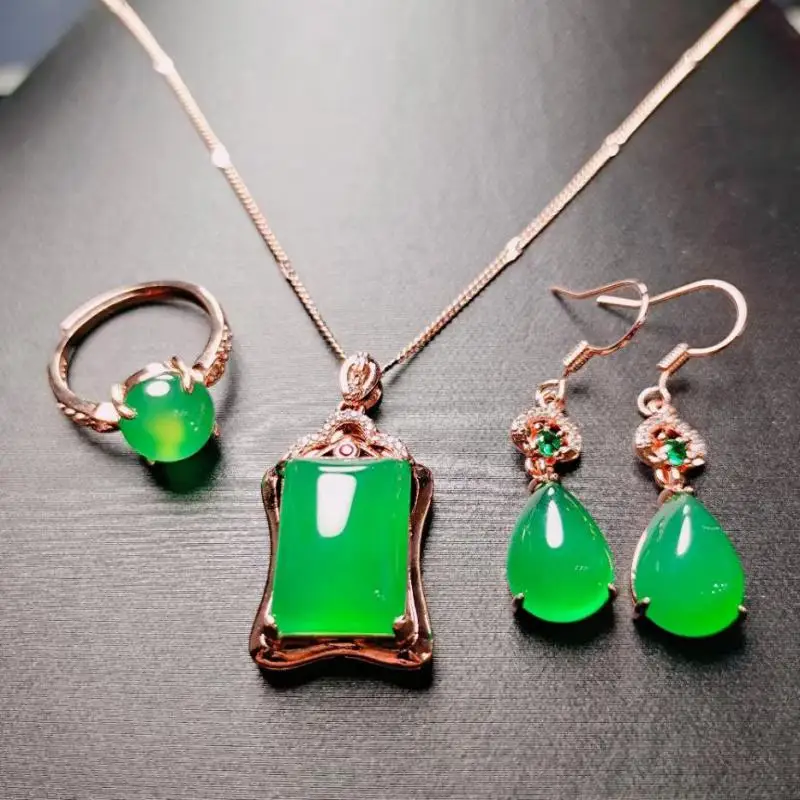 

Natural Green Jade Jewelry Sets Women Natural Chrysoprase Rectangle Pendant Jades Dangle Earrings And Emerald Ring Jewellery Set