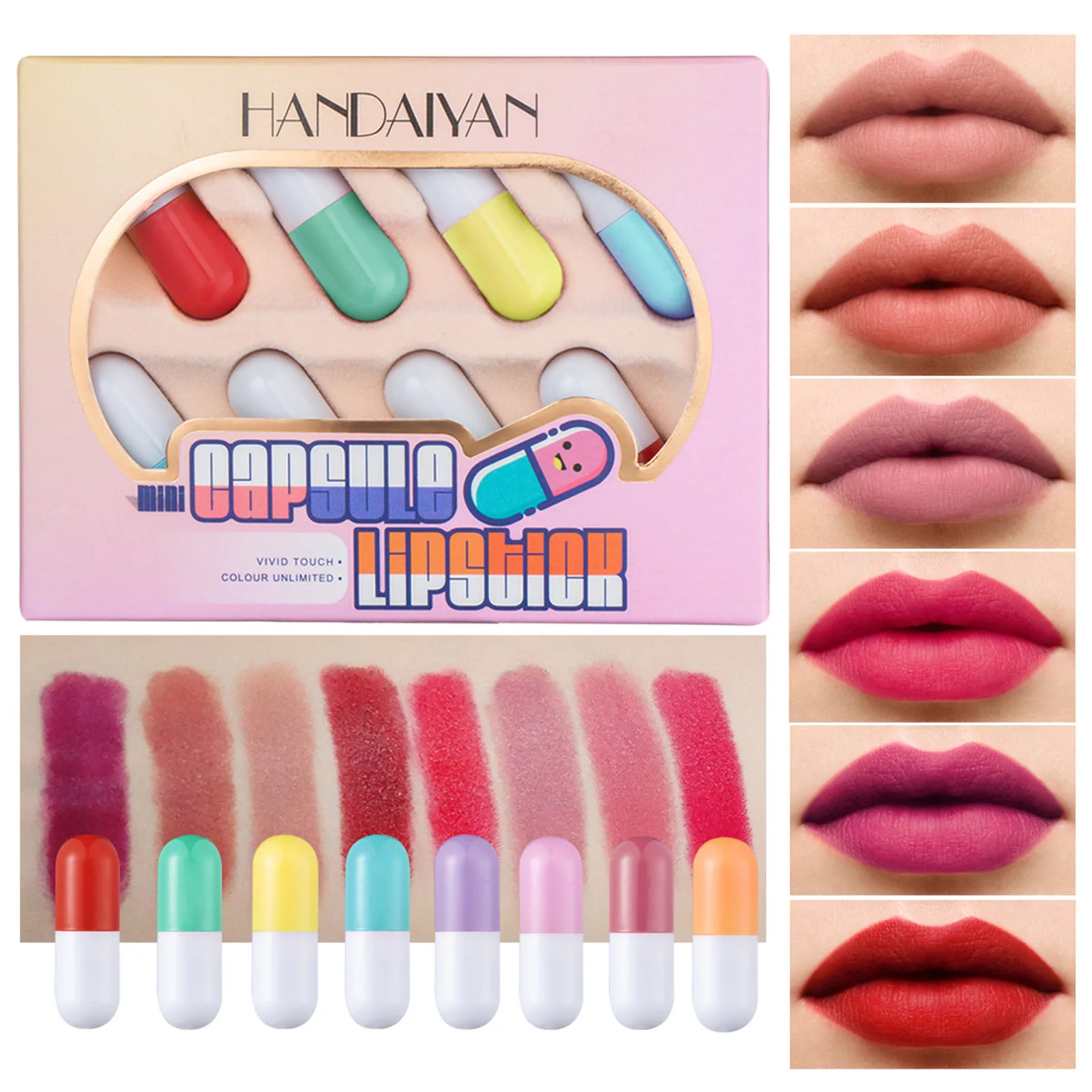 

Pills Matte Lipstick Mini Mini Pills Lips Makeup Set Long-Lasting 8 Colors Waterproof Lipstick Set Non-Stick Cup Smooth Portable