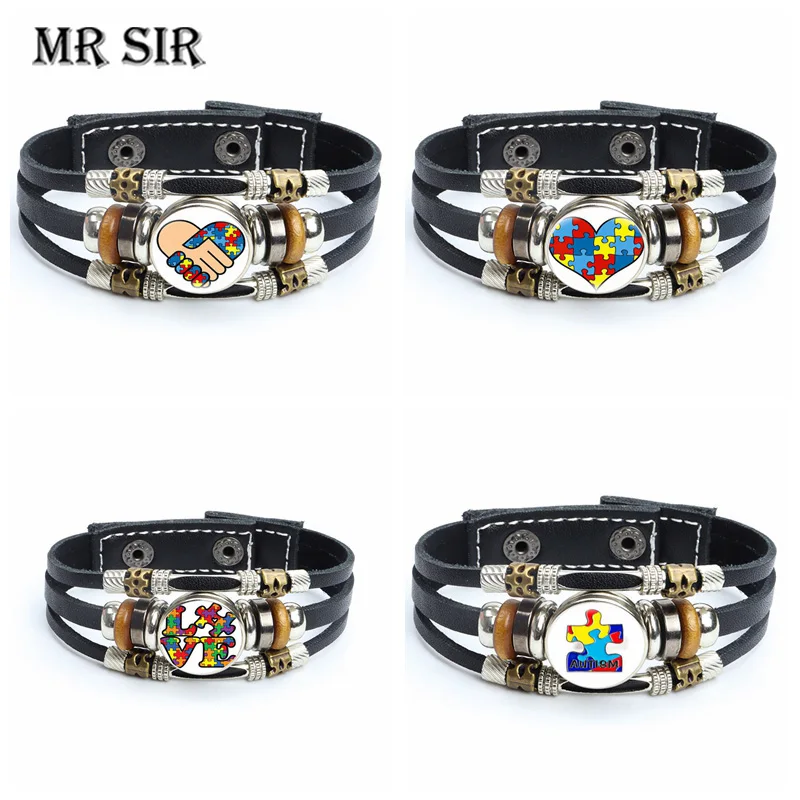 

Autism Awareness Glass Cabochon Leather Bracelets Holder Red Ribbon Puzzle Colour Love Bangles Fashion Punk Jewelry Friends Gift
