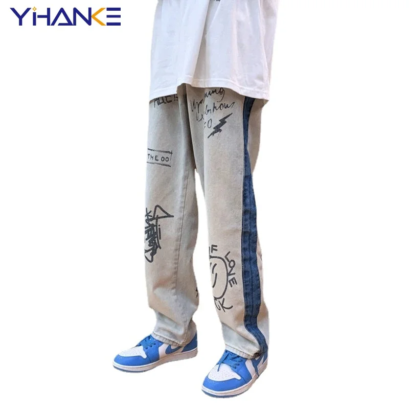 

YIHANKE Vintage Jeans Men's Jeans Printed Loose Jeans Men's High Waist Pants Wide Leg Jeans Versatile Hip Hop Streetwear Casual
