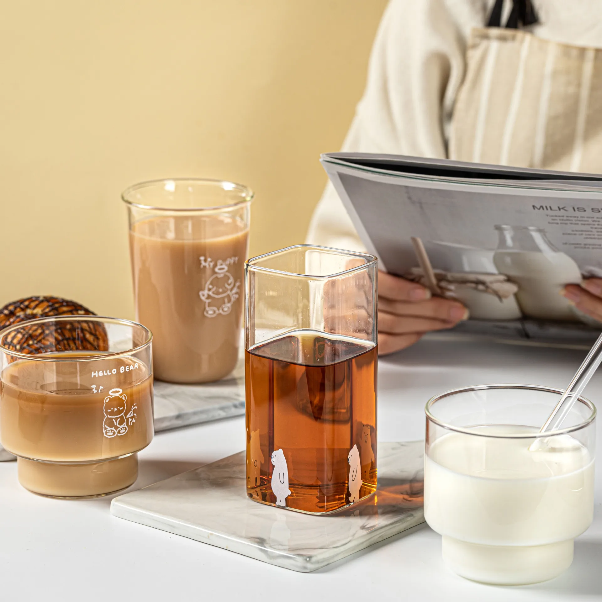 

Cartoon Bear Water Cup Transparent Coffee Glass Mug Juice Milk Cups Home Breakfast Dessert Heat-resistant Drinking Cup