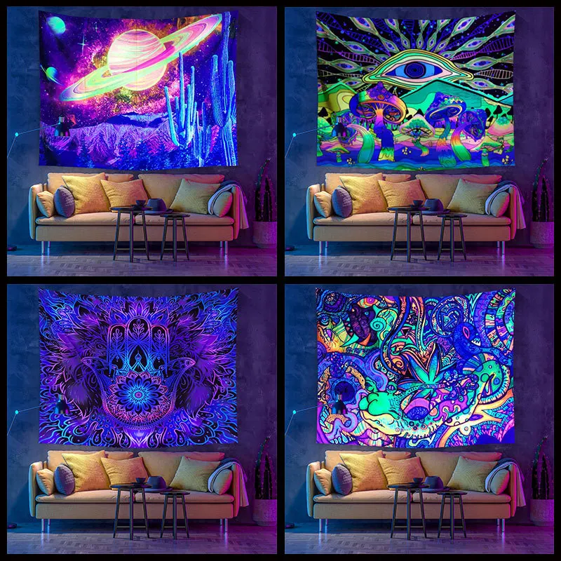 

Fluorescent UV Light Psychedelic Mandala Home Trim Wall Hanging Mushroom Forest Castle Tapestry for Home Dorm Fantasy Decor
