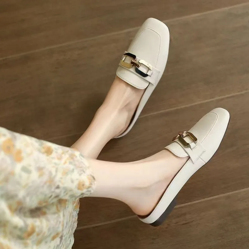 

Shoes for Women 2023 Fashion Mules Women's Slippers Gentle Elegant Casual Slippers Women Solid Metal Square Buckle Shoes Female