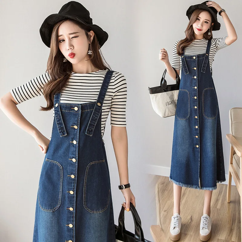 

Blue Denim Midi Dress Spring Summer Women Casual Sleeveless Tassel Overalls Dress Woman Korean Big Pocket Suspender Jean Dresses