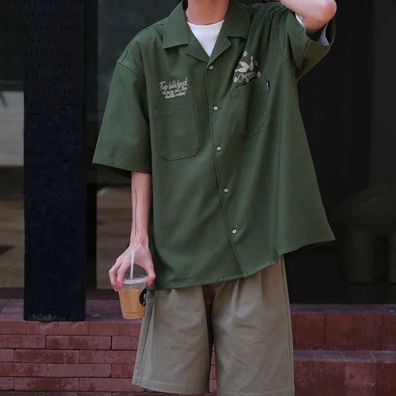 Summer Men's Workwear Short Sleeve Shirt Casual Fashion Loose Cuban Collar Bowling Embroidered Army Green Top 2022