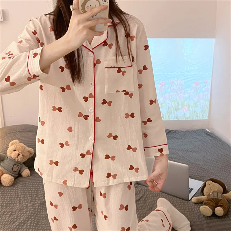 

Single Breasted Shirts + Trousers Suit Cotton Autumn Pajamas Set Casual Sleepwear Korean Sweet Two Piece Home Suit Pockets