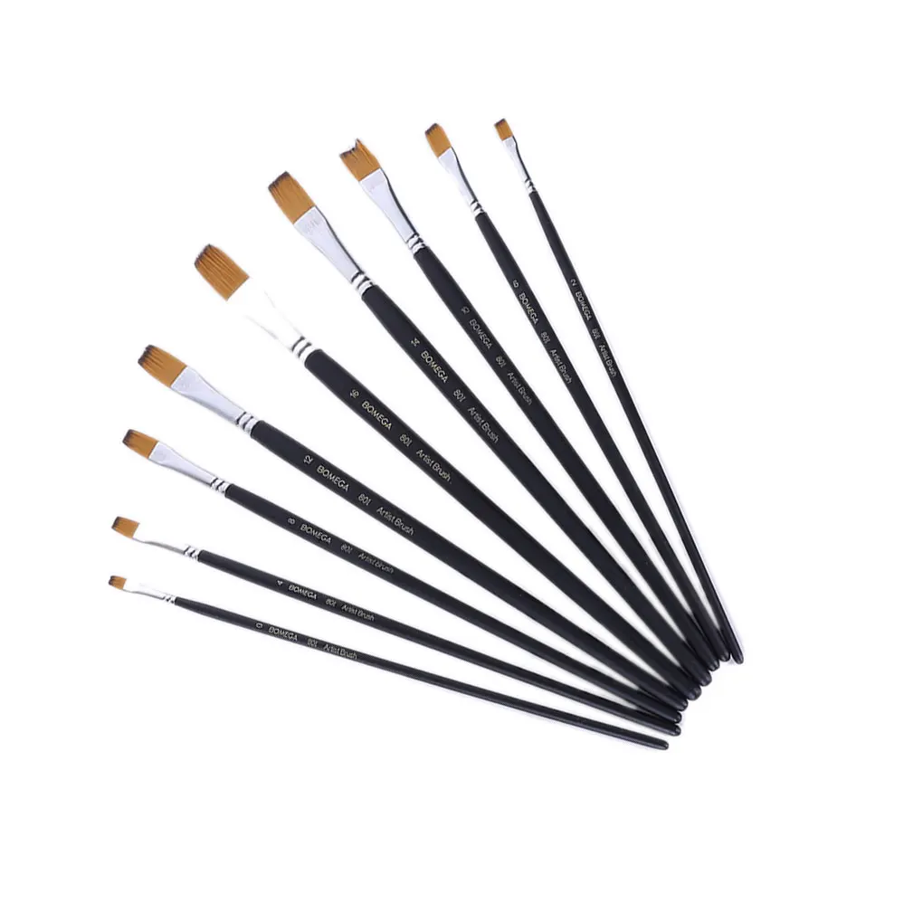 

9 Pcs Black Wooden Handle Inclined Brush Set Nylon Hair Art Artist Paint Supplies Watercolor Oil Painting Canvas