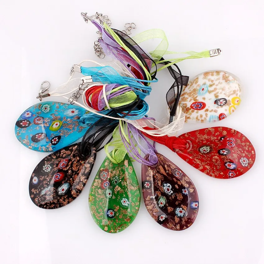 

Hot Wholesale 6Pcs Handmade Murano Lampwork Glass Mixed Colorful Gold Sand Drop Millefiori Pendants Charms Necklaces