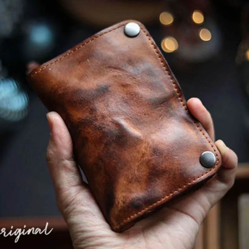 

AETOO Men's and women's genuine leather wallet key bag card holder vegetable tanned short retro distressed first layer cowhide