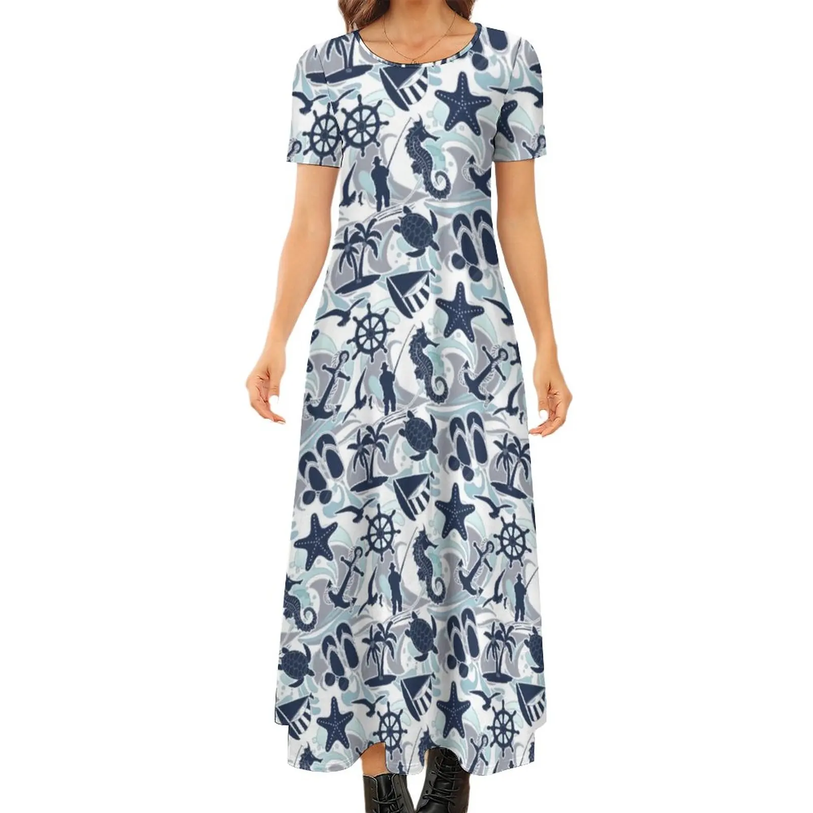 

Nautical Beach Dress Seaside Ocean Pirnt Vintage Maxi Dress Womens Short Sleeve Funny Bohemia Long Dresses Big Size 6XL 7XL