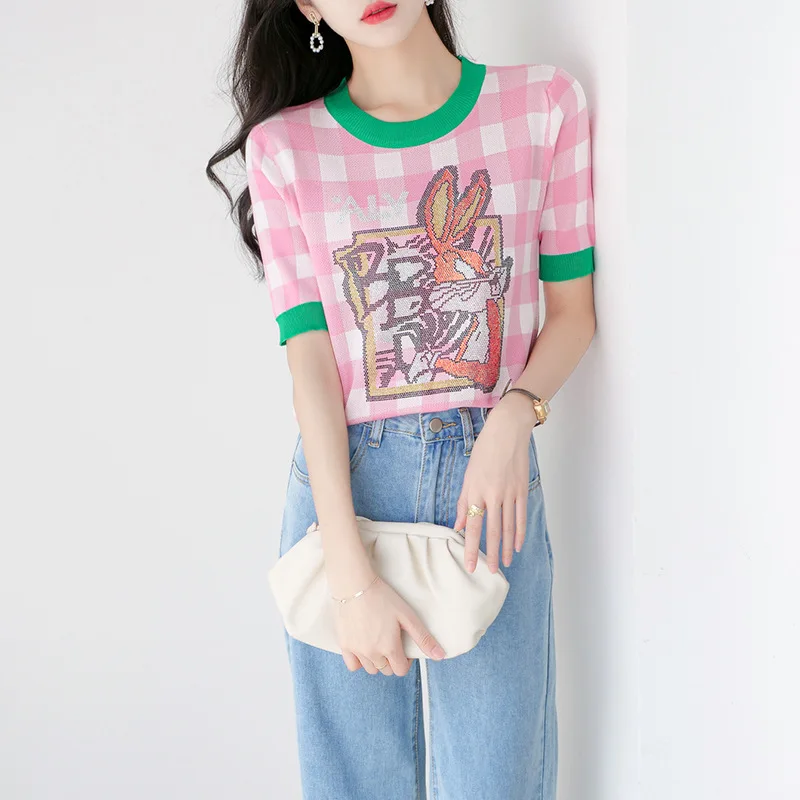 

Hot Drill Thin Knitted Sweater Women's 2022 Summer Women's Design Contrast Color Short-sleeved T-shirt Women