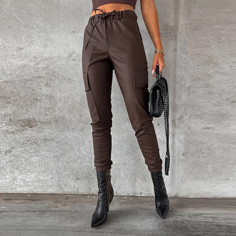 

New Waist Street Hipster Drawstring Leather Pants Office Vintage Pocket Cargo Pencil Pants Winter Casual Solid Women Long Pants