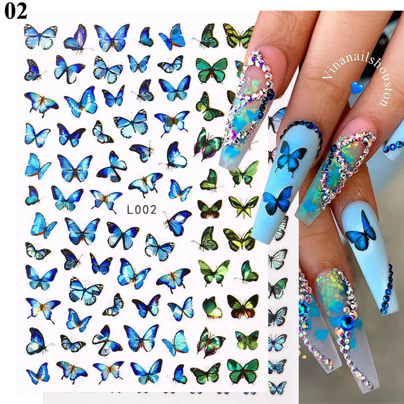 

1Sheet Nail Stickers 3D Blue Purple Butterfly Adhesive Transfer Nail Art Decals Cute Sliders Decorations Manicure Accessories