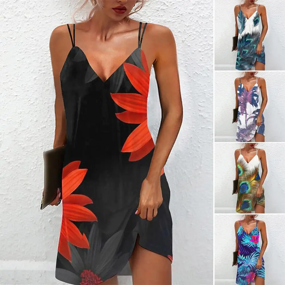 

V-Neck Double Shoulder Strap Mid-Rise Sling Dress Summer Simple Leaves Print Mini Dress Streetwear