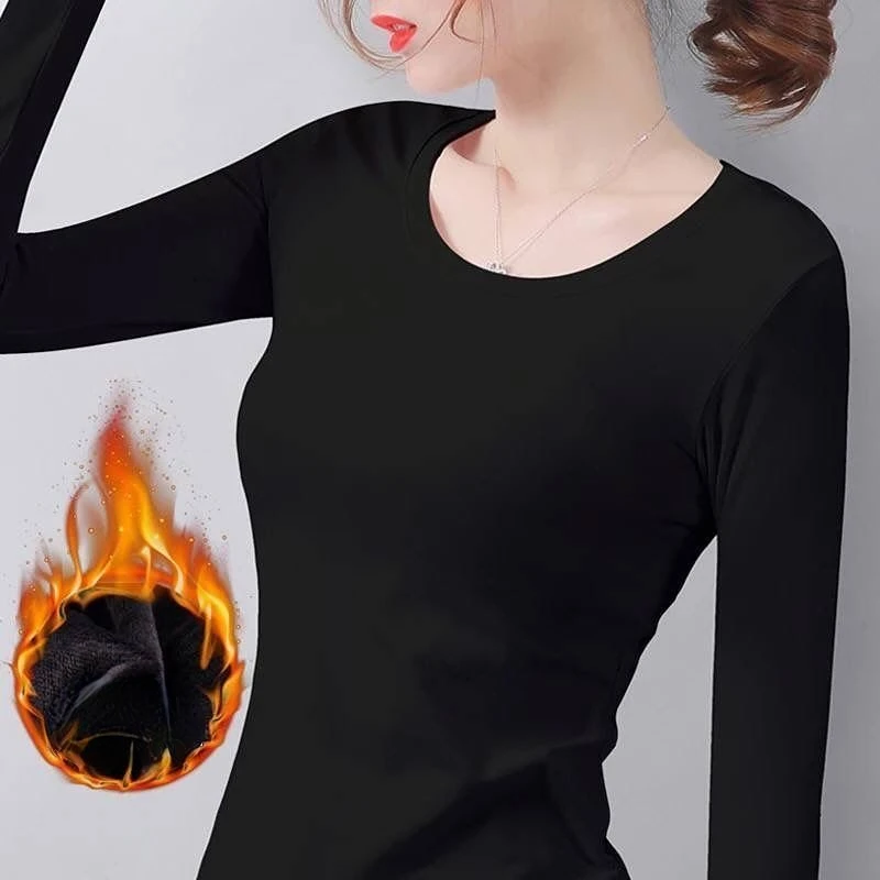 Temperature Bottoming Velvet Autumn Heating Long-sleeved Plus Thin Winter Shirt Fiber Velvet Women Thermal T-shirt Top Constant