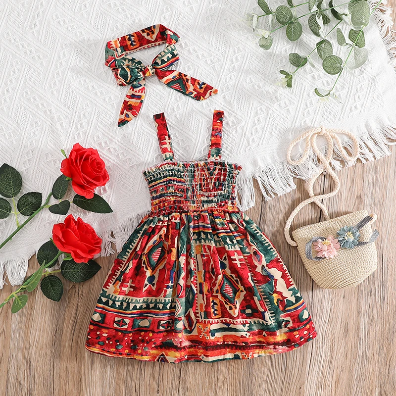 

2022 Summer Newborn Baby Girls Geo Print Sleeveless Shirred Cami Dresses With Headband Kids Princess Dress Clothes Set