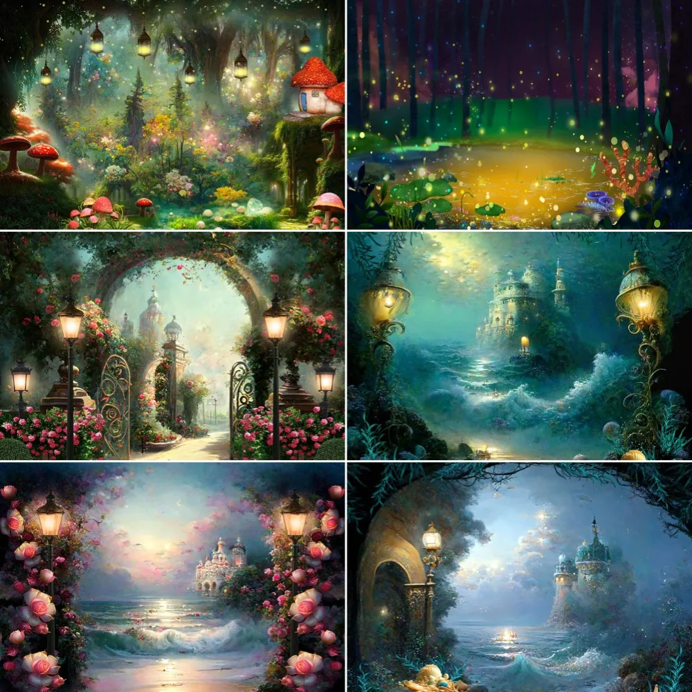 

Children Fairy Tale Wonderland Forest Mushrooms Backdrop Summer Photography Background Flowers Castle Decor Baby Shower Banner