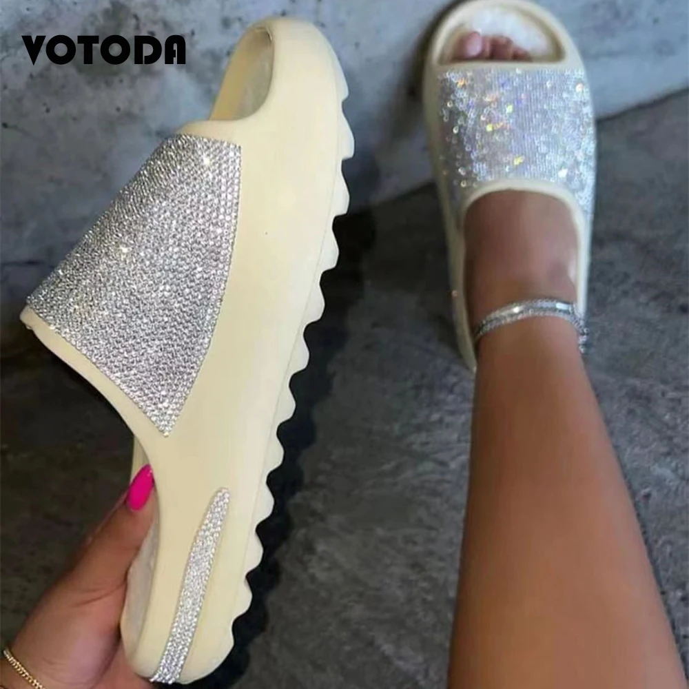 Summer Women Rhinestone Slippers Designer Bling Diamond Slides Platform Non-slip Outdoor Casual Shoes High-quality Flat Sandals